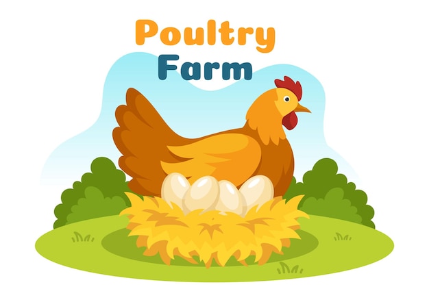 Poultry Farming with Chicken and Egg Farm on Green Field Background View in Cartoon Illustration