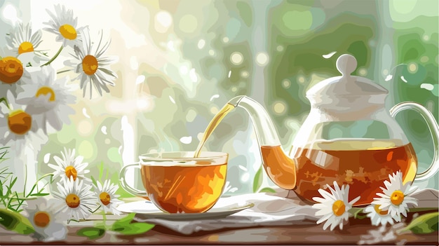 Pouring Chamomile Tea from Teapot into Cup on Table