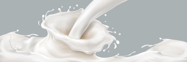 Pouring milk with 3d spatters or falling yogurt with realistic splash motion of liquid or flow