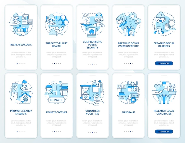 Poverty and homelessness issues blue onboarding mobile app screen set