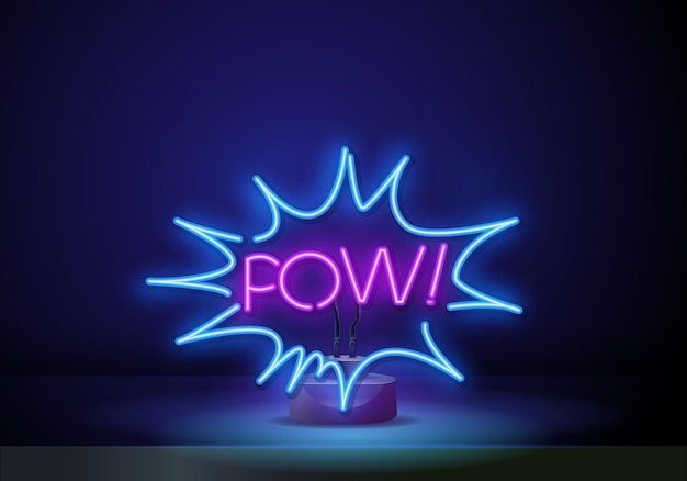 Pow lettering neon sign word in speech bubble on brick wall background vector illustration in neon s