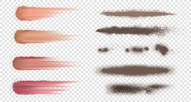 Vector powder brush. realistic ash or flour splash, dust and dirt explosion, dark blusher and dry spray. vector set isolated crumbly spray on transparent background