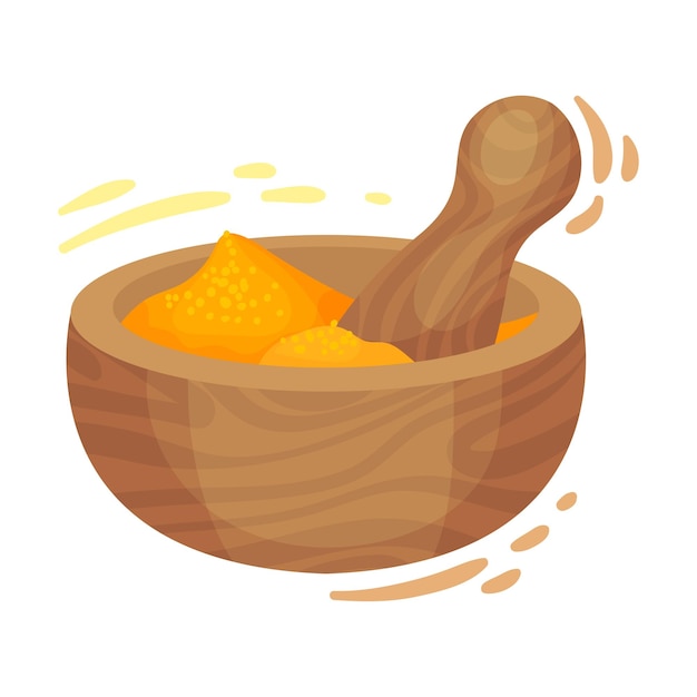 Vector powdered dried turmeric root in wooden bowl with pestle vector illustration