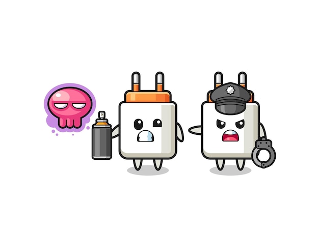 Power adapter cartoon doing vandalism and caught by the police cute design