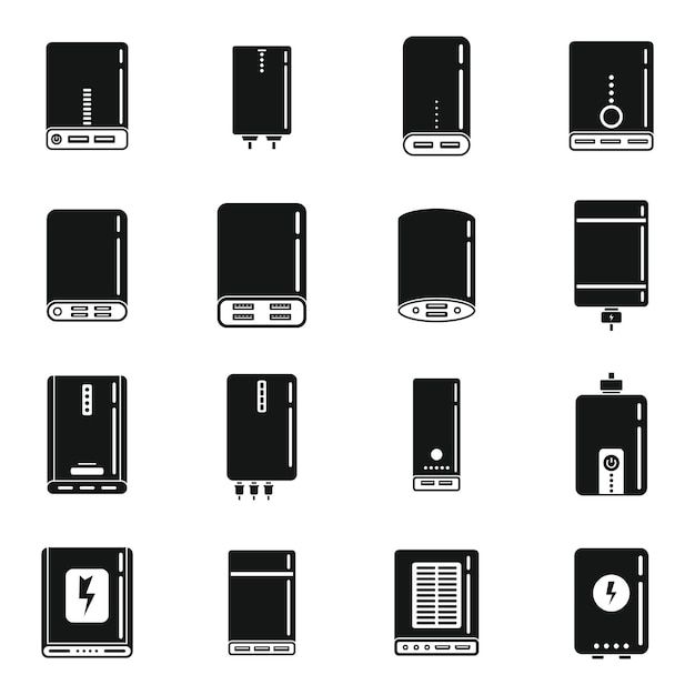 Power bank battery icons set simple vector. Accumulator bank. External charger