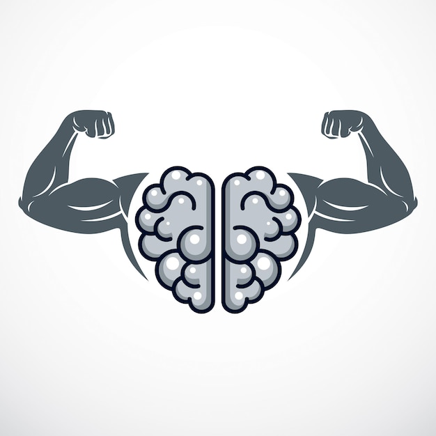 Power Brain emblem, genius concept. Vector design of human anatomical brain with strong bicep hands of bodybuilder. Brain training, grow IQ, mental health.