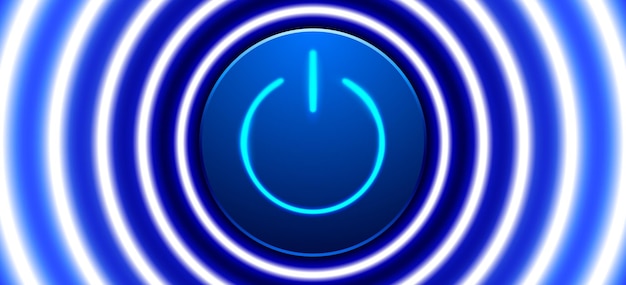 Power button with blue neon circle lights vector background Activation concept illustration