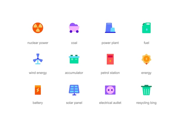 Power and energy concept of web icons set in color flat design Pack of nuclear power coal fuel