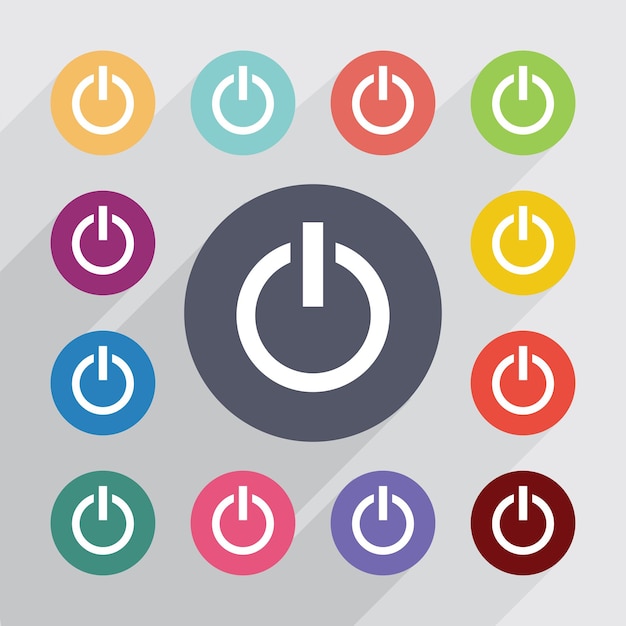 Power on, flat icons set. Round colourful buttons. Vector