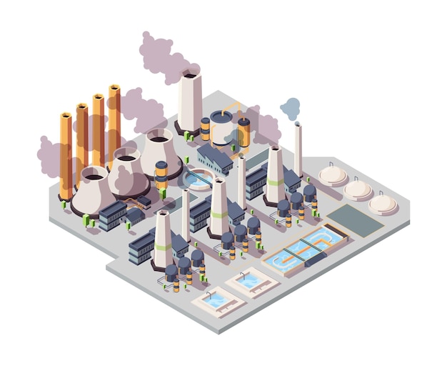 Vector power nuclear factory energy plant isometric environment 3d industrial buildings vector illustrations