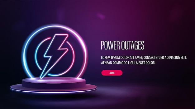 Power Outages poster with pink and blue neon warning logo on podium floating in the air