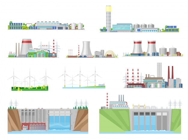 Vector power plant and energy station building  icons of nuclear, coal, hydroelectric, wind and thermal energy, electric power industry. eco wind turbines, water dams, nuclear and coal fired stations