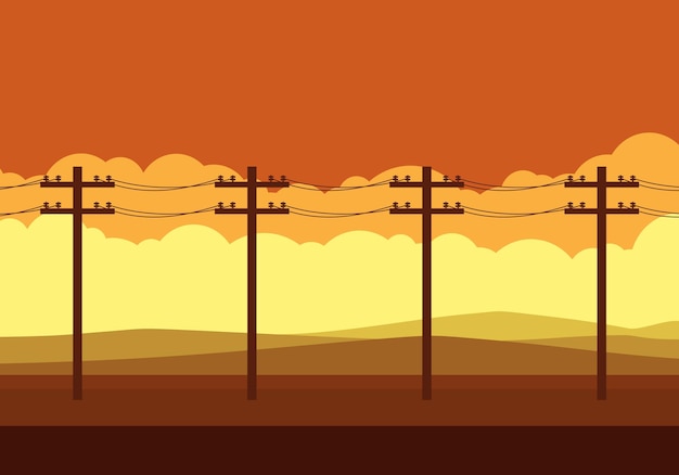 Power pole in front of hills with landscape mode and beautiful sunset electricity pole along the way Utility pole Electricity concept High voltage wires Landscape desert sunset vector