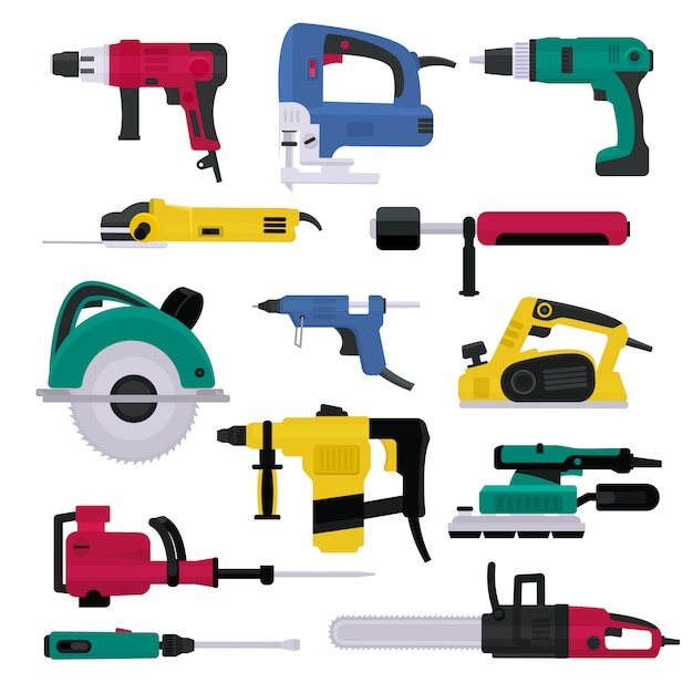 Power tools electrical drill and electric construction equipment power-planer grinder and circular-saw illustration machinery set of screwdriver in toolbox isolated on white background