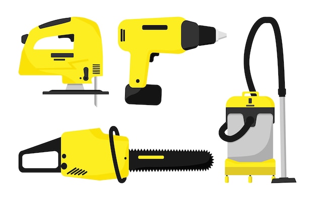 Power tools. Yellow electric industrial tools. Flat illustrations of saws, drill planer grinders screwdriver.