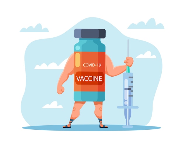 Power of the vaccine Protection from Covid19 Bottle with strong biceps hold syringe Coronavirus vaccination Sharacter against virus Vector isolated medical pharmacy concept