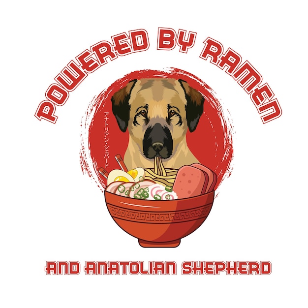 Powered by Ramen and Anatolian Shepherd dog T Shirt design vector