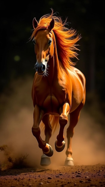 Powerful black horse galloping in dark dusty environment