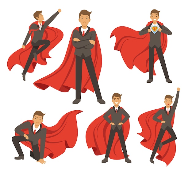 Vector powerful businessman in different action superhero poses. 