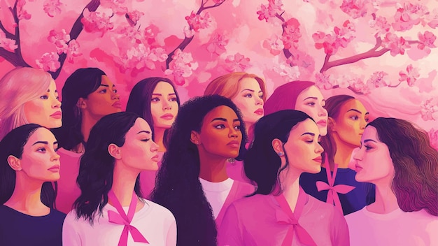 Vector a powerful illustration of a diverse group of women standing united each wearing pink ribbons