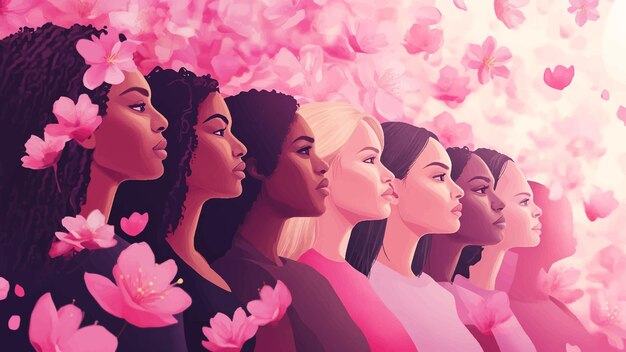 Vector a powerful illustration of a diverse group of women standing united with a backdrop of pink blossoms