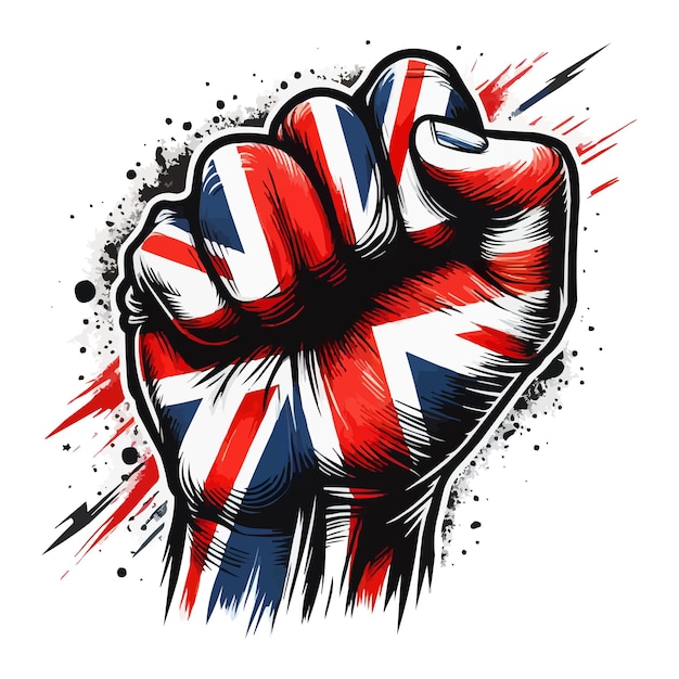 Powerful and impactful clenched fist with UK flag