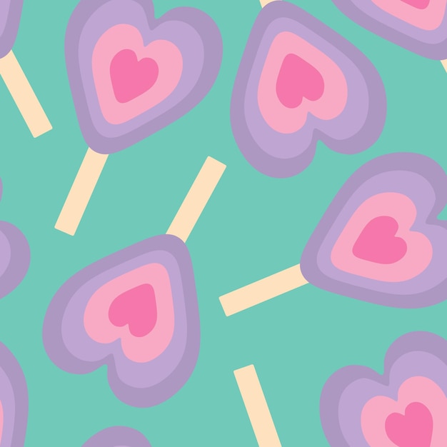 ppattern with ice cream on a stick in the shape of a purple and pink heart on a mint background