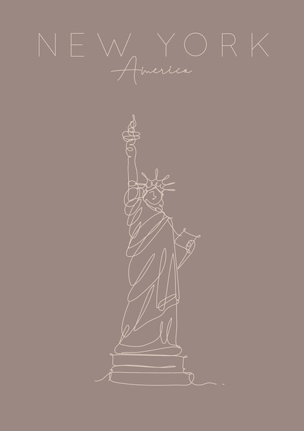 PPoster statue of liberty lettering new york, america drawing in pen line style on brown background