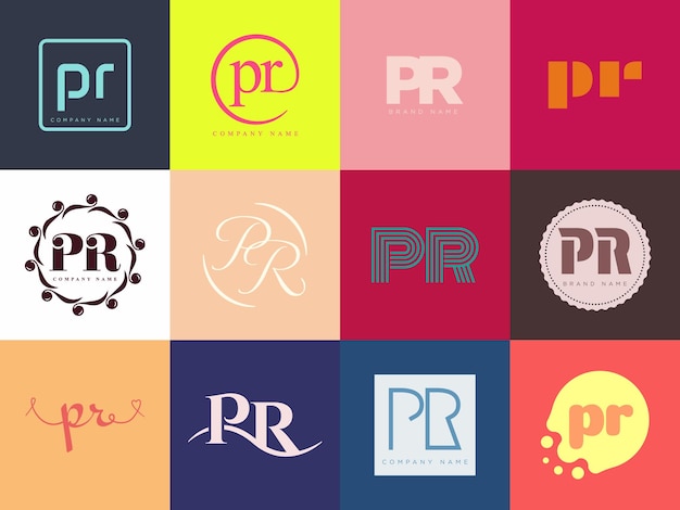 PR logo company template Letter p and r logotype Set different classic serif lettering and modern bold text with design elements Initial font typography