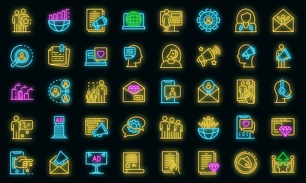 PR specialist icons set. Outline set of PR specialist vector icons neon color on black