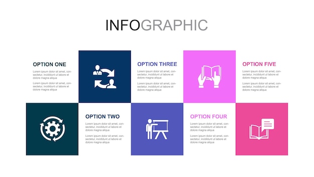 Practice coaching training tutorial instruction icons Infographic design layout template Creative presentation concept with 5 steps