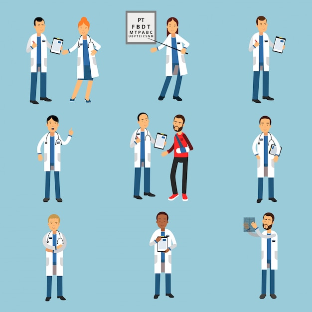 Practitioner young doctors set, hospital medical staff detailed colorful Illustrations