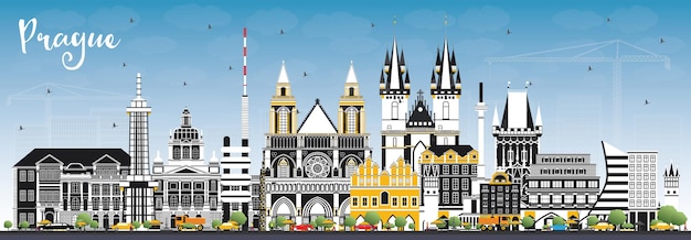 Prague Czech Republic City Skyline with Color Buildings and Blue Sky. Illustration