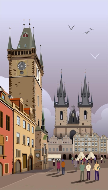 Prague illustration Town Hall on the Old Town Square.