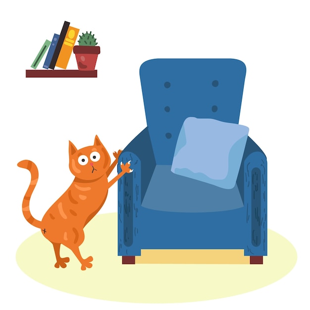 The prankster cat sharpens its claws on an easy chair Cartoon flat style Vector illustration