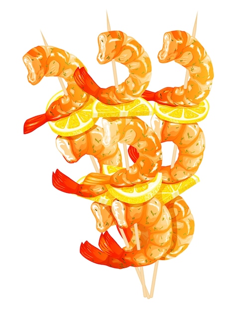 Prawns on skewers, lemon drawing on a white background. Shrimp icons set. Realistic illustration