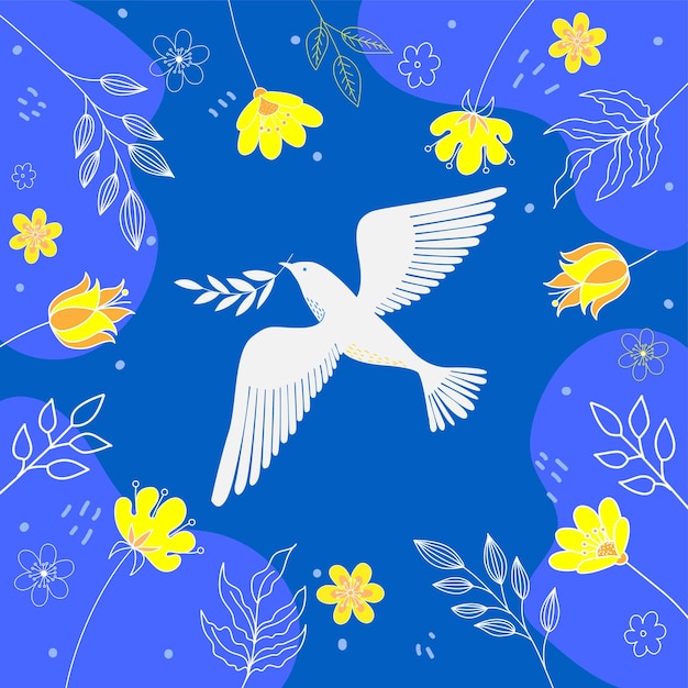 Pray for Ukraine Blue and yellow flowers with dove bird