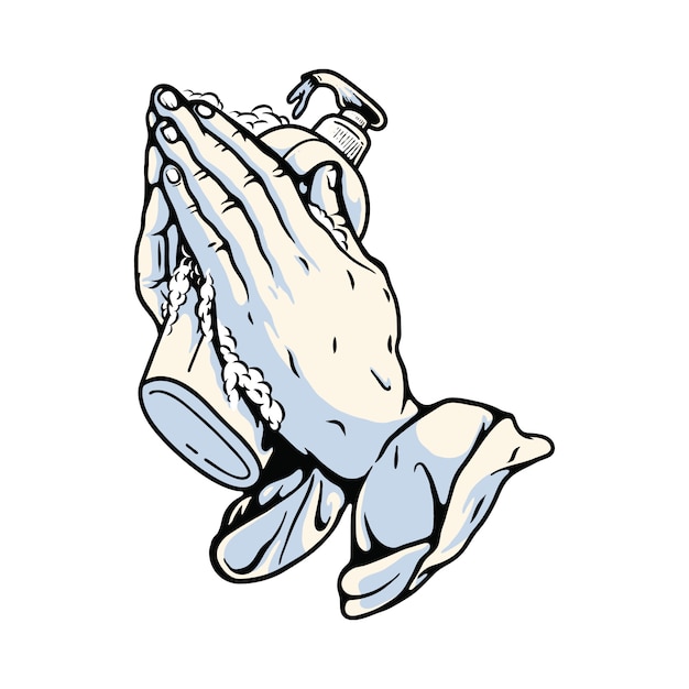 Praying hands with hand sanitizer graphic illustration