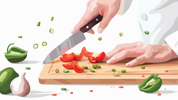 Vector precision cooking closeup of chefs hands cutting red pepper