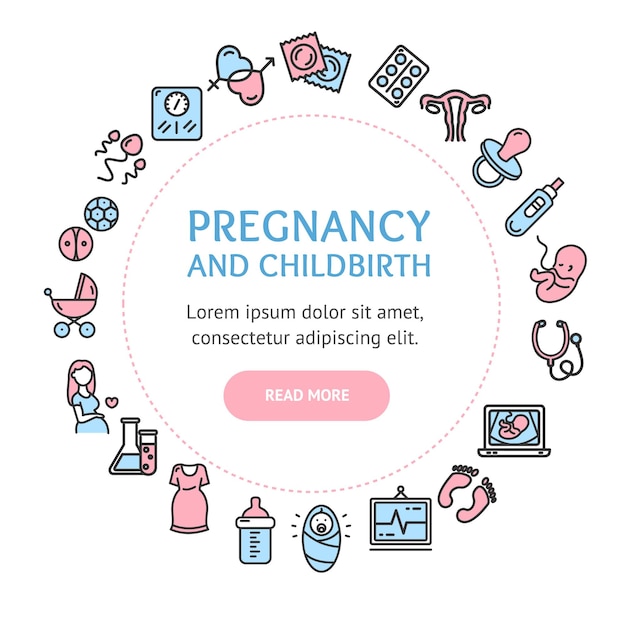 Pregnance Signs Round Design Template Thin Line Icon Concept Banner Frame or Border for Text on a White Vector illustration