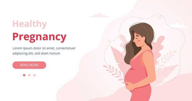 Pregnancy banner, pregnant woman illustration in cute cartoon style