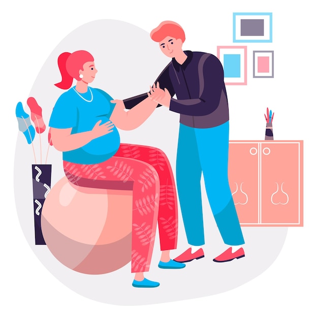 Pregnancy concept. Pregnant woman doing exercises with ball and husband helps her. Young family, couple expecting child character scene. Vector illustration in flat design with people activities