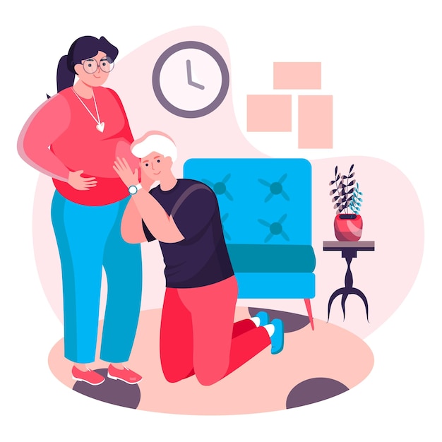 Pregnancy concept. Young father listens to belly of his pregnant wife. Young family and couple preparing to become parents character scene. Vector illustration in flat design with people activities