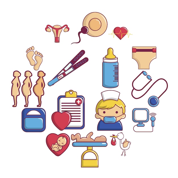 Pregnancy icon set, cartoon style