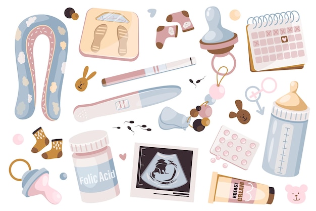 Pregnancy items set graphic elements in flat design Bundle of pillow scales socks calendar pacifier milk bottle breast cream ultrasound fetus and other Vector illustration isolated objects