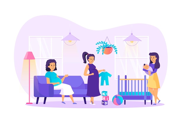 Pregnancy and motherhood flat design concept with people characters scene