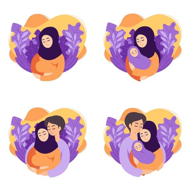 Pregnancy and parenthood concept  illustrations. Set of scenes muslim pregnant woman, mother holding newborn, future parents are expecting baby, mother and father holding their newborn baby.