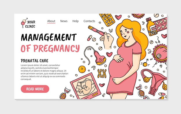 Pregnancy and prenatal care clinic landing page in Doodle style with woman