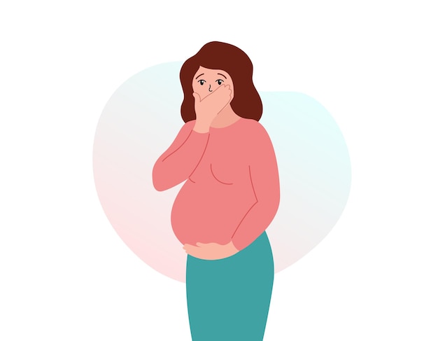 Pregnancy toxicosis Morning sickness Pregnant woman suffering from nausea and vomiting Flat vector illustration