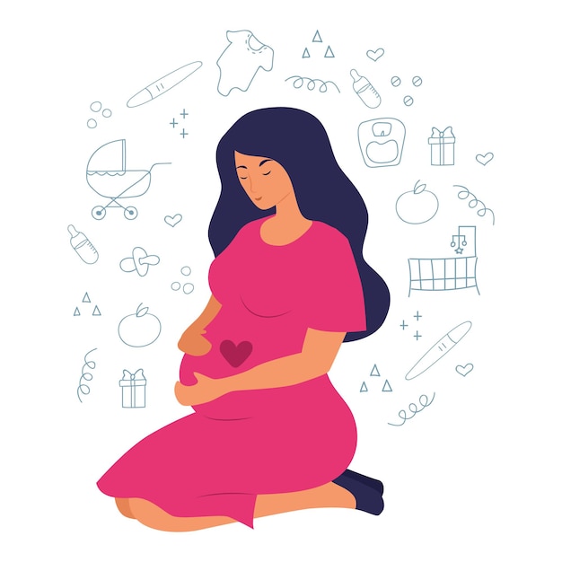 Pregnancy woman and hand drawn doodle baby care objects